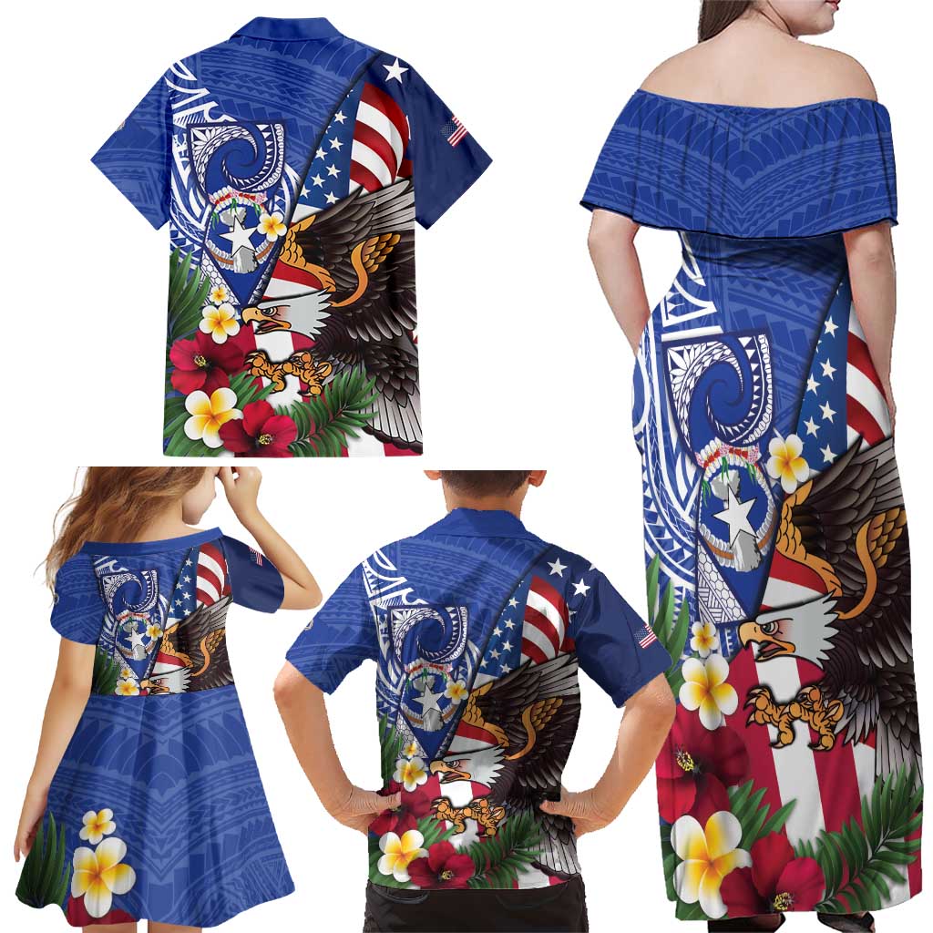 United States and Northern Mariana Islands Family Matching Off Shoulder Maxi Dress and Hawaiian Shirt USA Flag Eagle CNMI Latte Stone Tropical Flowers LT14 - Polynesian Pride