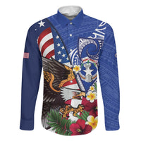 United States and Northern Mariana Islands Family Matching Off Shoulder Maxi Dress and Hawaiian Shirt USA Flag Eagle CNMI Latte Stone Tropical Flowers LT14 Dad's Shirt - Long Sleeve Blue - Polynesian Pride