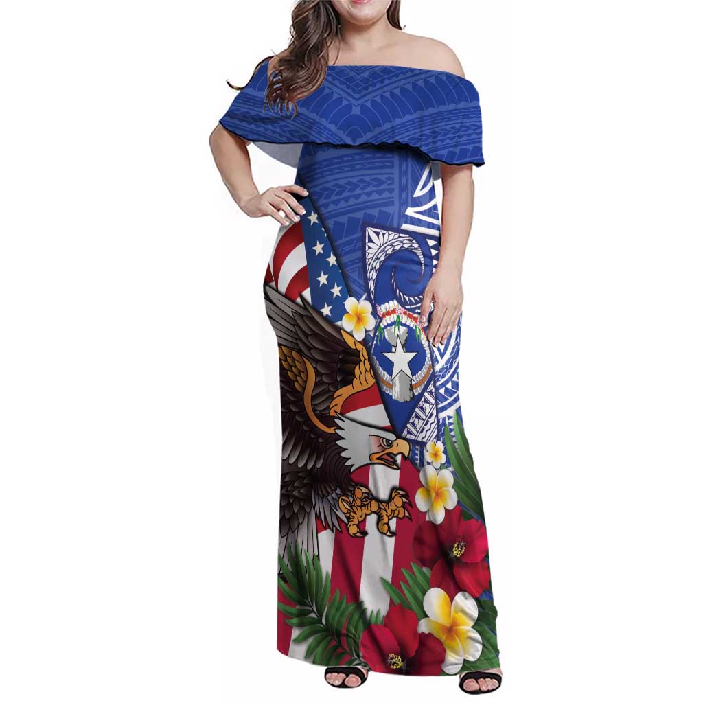 United States and Northern Mariana Islands Family Matching Off Shoulder Maxi Dress and Hawaiian Shirt USA Flag Eagle CNMI Latte Stone Tropical Flowers LT14 Mom's Dress Blue - Polynesian Pride