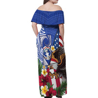 United States and Northern Mariana Islands Family Matching Off Shoulder Maxi Dress and Hawaiian Shirt USA Flag Eagle CNMI Latte Stone Tropical Flowers LT14 - Polynesian Pride
