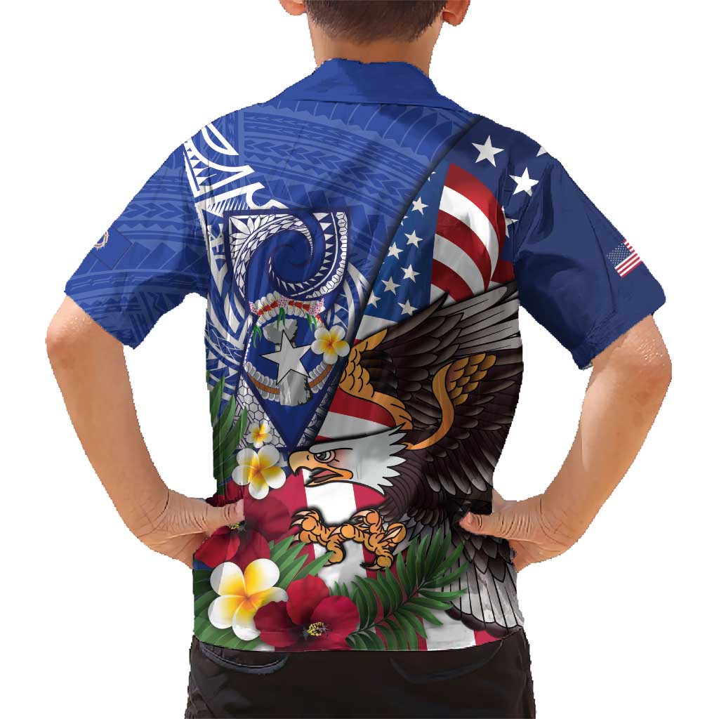 United States and Northern Mariana Islands Family Matching Off Shoulder Short Dress and Hawaiian Shirt USA Flag Eagle CNMI Latte Stone Tropical Flowers LT14 - Polynesian Pride