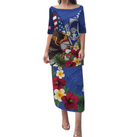 United States and Northern Mariana Islands Family Matching Puletasi and Hawaiian Shirt USA Flag Eagle CNMI Latte Stone Tropical Flowers LT14 Mom's Dress Blue - Polynesian Pride
