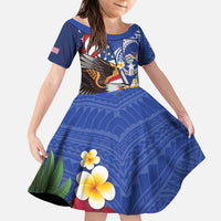 United States and Northern Mariana Islands Family Matching Short Sleeve Bodycon Dress and Hawaiian Shirt USA Flag Eagle CNMI Latte Stone Tropical Flowers LT14 Daughter's Dress Blue - Polynesian Pride