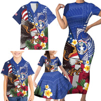 United States and Northern Mariana Islands Family Matching Short Sleeve Bodycon Dress and Hawaiian Shirt USA Flag Eagle CNMI Latte Stone Tropical Flowers LT14 - Polynesian Pride
