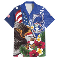 United States and Northern Mariana Islands Family Matching Short Sleeve Bodycon Dress and Hawaiian Shirt USA Flag Eagle CNMI Latte Stone Tropical Flowers LT14 Dad's Shirt - Short Sleeve Blue - Polynesian Pride