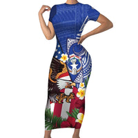 United States and Northern Mariana Islands Family Matching Short Sleeve Bodycon Dress and Hawaiian Shirt USA Flag Eagle CNMI Latte Stone Tropical Flowers LT14 Mom's Dress Blue - Polynesian Pride