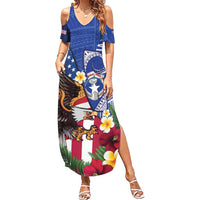United States and Northern Mariana Islands Family Matching Summer Maxi Dress and Hawaiian Shirt USA Flag Eagle CNMI Latte Stone Tropical Flowers LT14 Mom's Dress Blue - Polynesian Pride