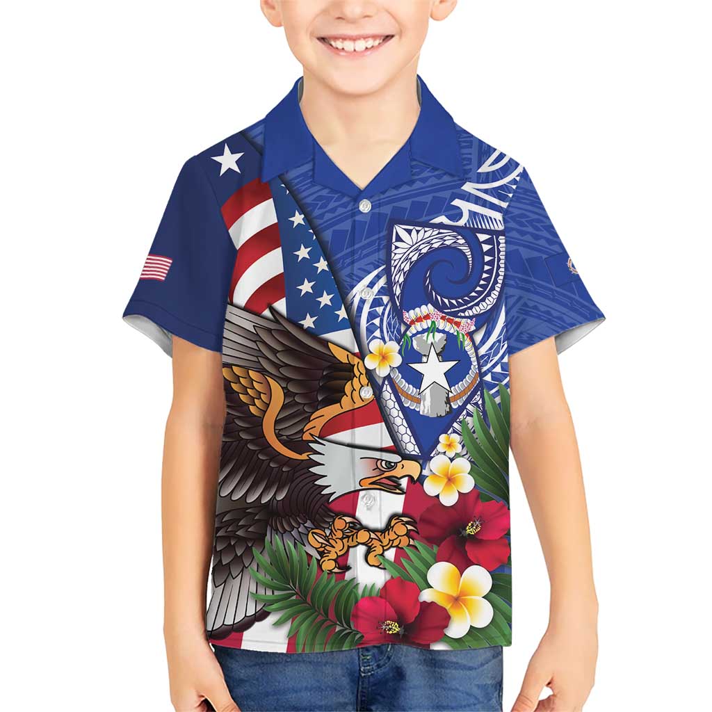 United States and Northern Mariana Islands Family Matching Summer Maxi Dress and Hawaiian Shirt USA Flag Eagle CNMI Latte Stone Tropical Flowers LT14 Son's Shirt Blue - Polynesian Pride