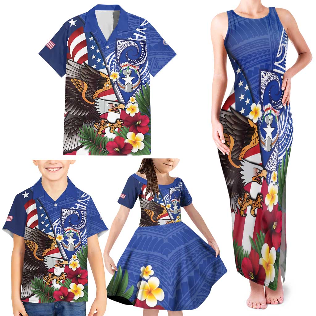 United States and Northern Mariana Islands Family Matching Tank Maxi Dress and Hawaiian Shirt USA Flag Eagle CNMI Latte Stone Tropical Flowers LT14 - Polynesian Pride