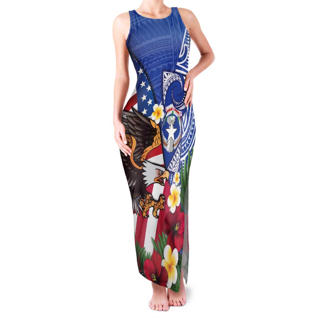 United States and Northern Mariana Islands Family Matching Tank Maxi Dress and Hawaiian Shirt USA Flag Eagle CNMI Latte Stone Tropical Flowers LT14 Mom's Dress Blue - Polynesian Pride