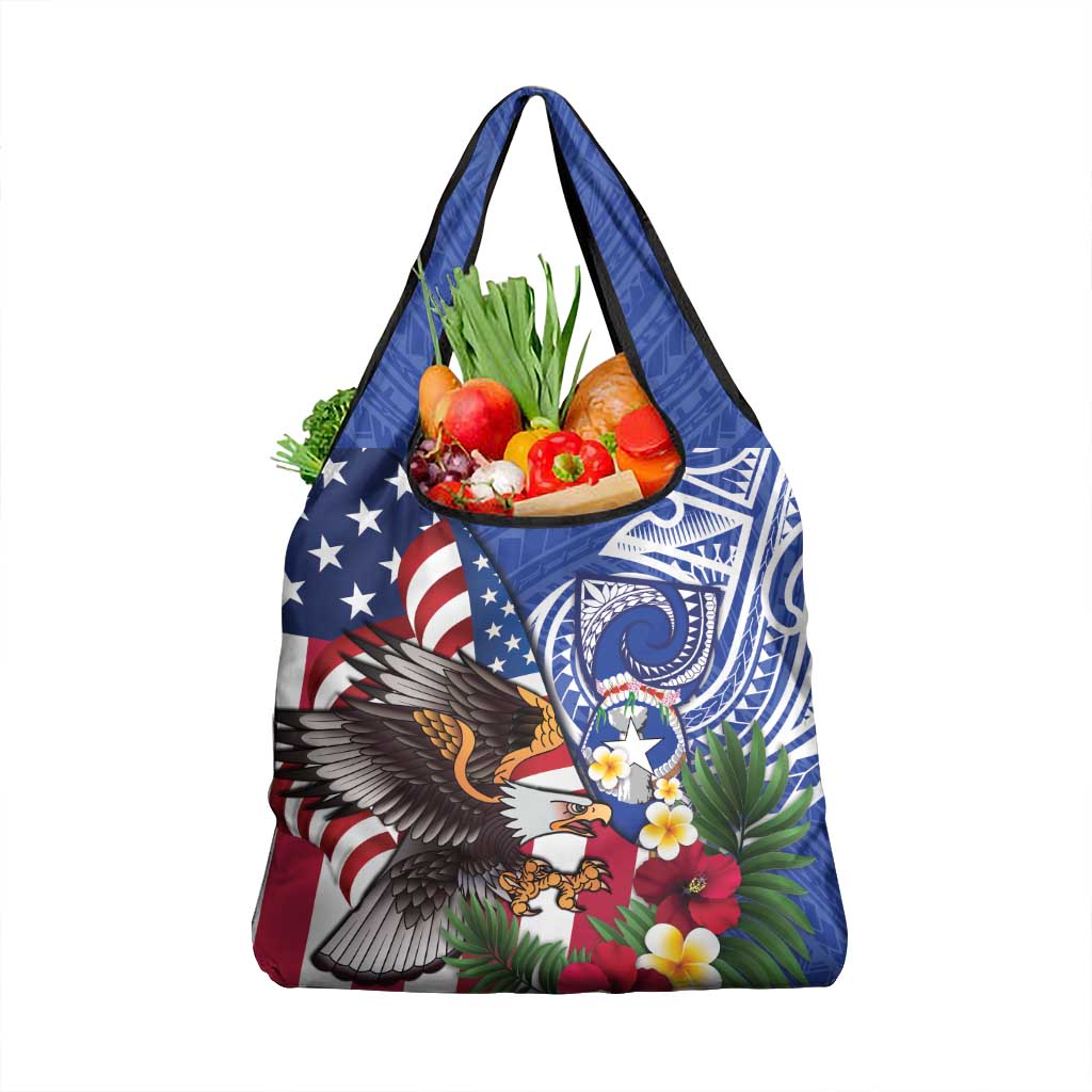 United States and Northern Mariana Islands Grocery Bag USA Flag Eagle CNMI Latte Stone Tropical Flowers