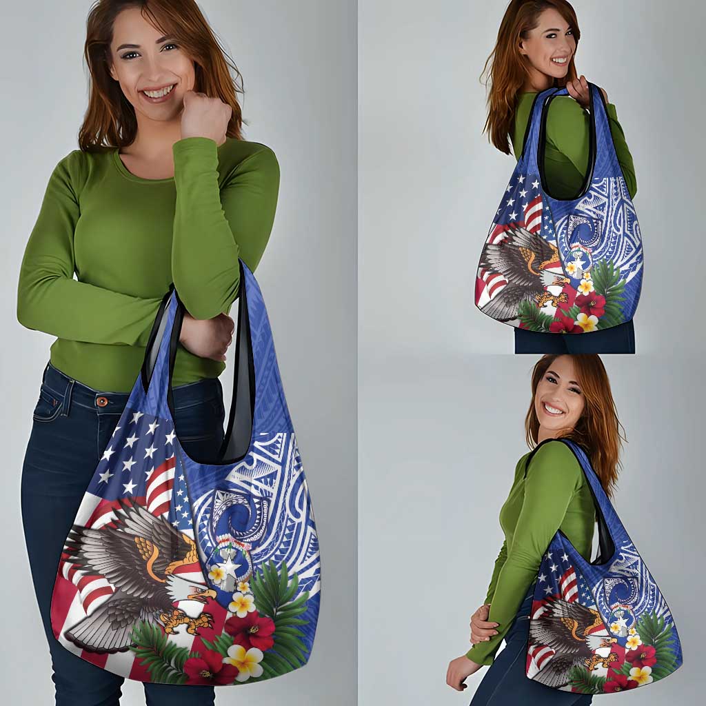 United States and Northern Mariana Islands Grocery Bag USA Flag Eagle CNMI Latte Stone Tropical Flowers