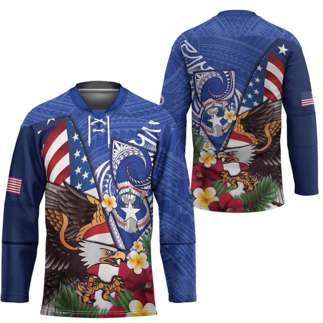 United States and Northern Mariana Islands Hockey Jersey USA Flag Eagle CNMI Latte Stone Tropical Flowers LT14 - Polynesian Pride
