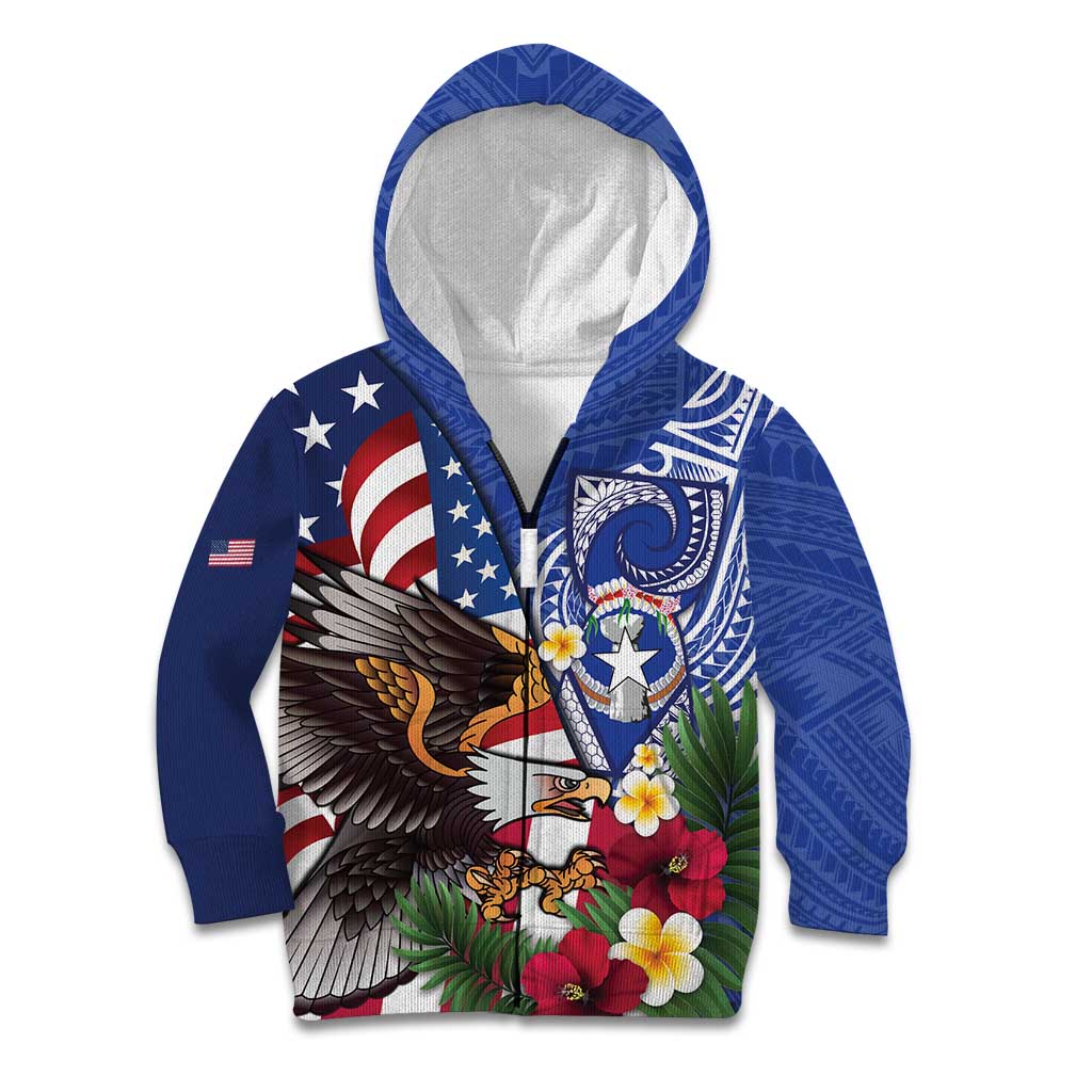 United States and Northern Mariana Islands Kid Hoodie USA Flag Eagle CNMI Latte Stone Tropical Flowers LT14 Zip Hoodie Blue - Polynesian Pride
