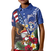 United States and Northern Mariana Islands Kid Polo Shirt USA Flag Eagle CNMI Latte Stone Tropical Flowers LT14 Kid Blue - Polynesian Pride