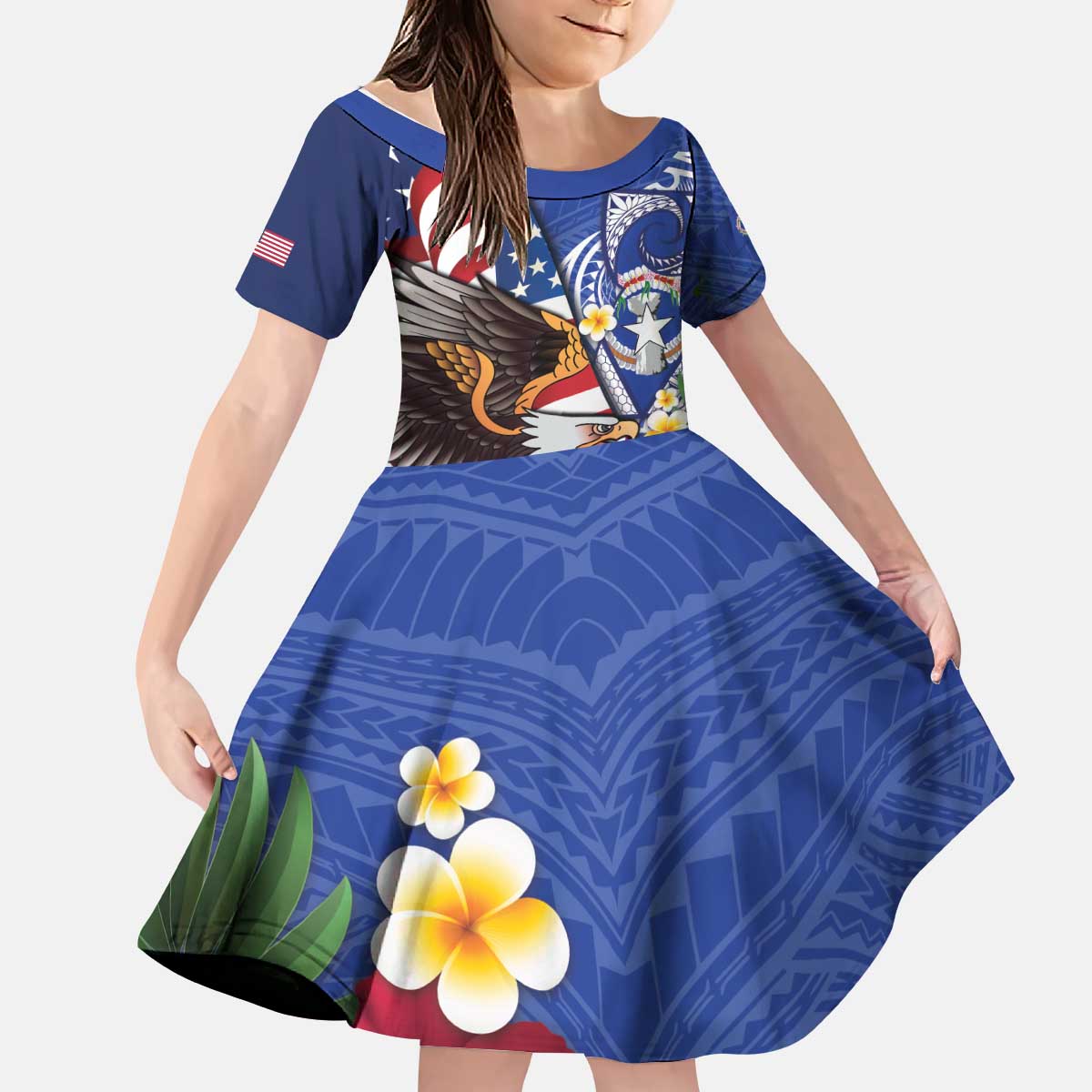 United States and Northern Mariana Islands Kid Short Sleeve Dress USA Flag Eagle CNMI Latte Stone Tropical Flowers LT14 KID Blue - Polynesian Pride