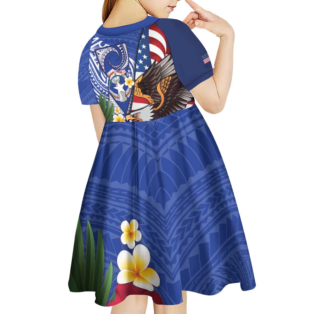 United States and Northern Mariana Islands Kid Short Sleeve Dress USA Flag Eagle CNMI Latte Stone Tropical Flowers LT14 - Polynesian Pride
