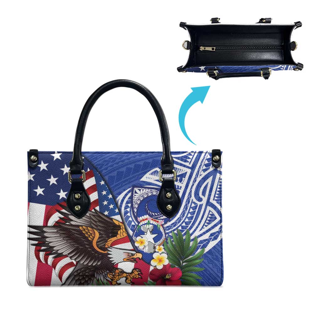 United States and Northern Mariana Islands Leather Bag USA Flag Eagle CNMI Latte Stone Tropical Flowers