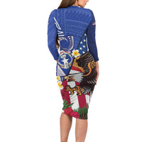 United States and Northern Mariana Islands Long Sleeve Bodycon Dress USA Flag Eagle CNMI Latte Stone Tropical Flowers LT14 - Polynesian Pride