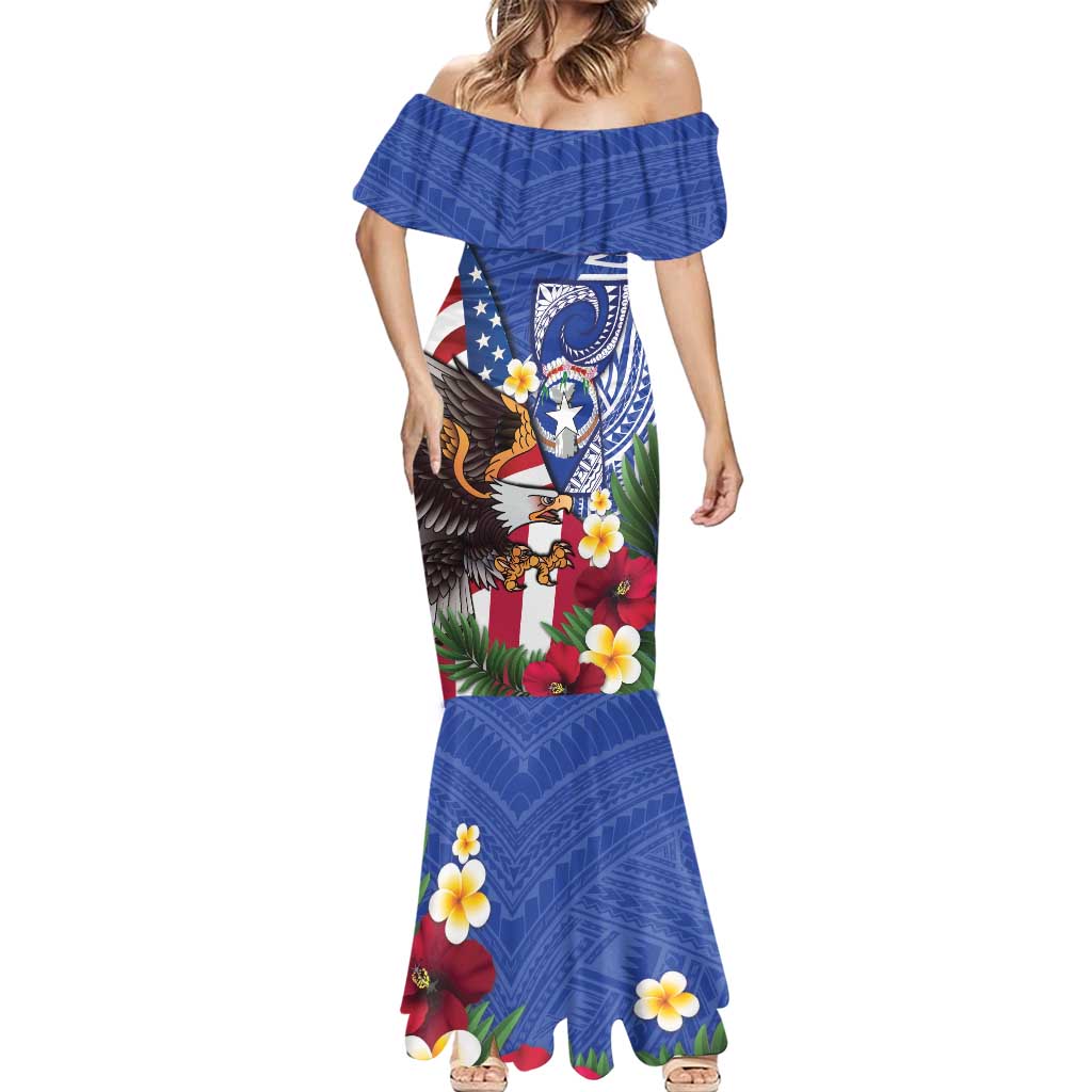 United States and Northern Mariana Islands Mermaid Dress USA Flag Eagle CNMI Latte Stone Tropical Flowers LT14 - Polynesian Pride