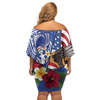 United States and Northern Mariana Islands Off Shoulder Short Dress USA Flag Eagle CNMI Latte Stone Tropical Flowers LT14 - Polynesian Pride