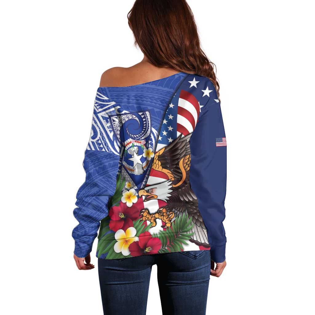 United States and Northern Mariana Islands Off Shoulder Sweater USA Flag Eagle CNMI Latte Stone Tropical Flowers