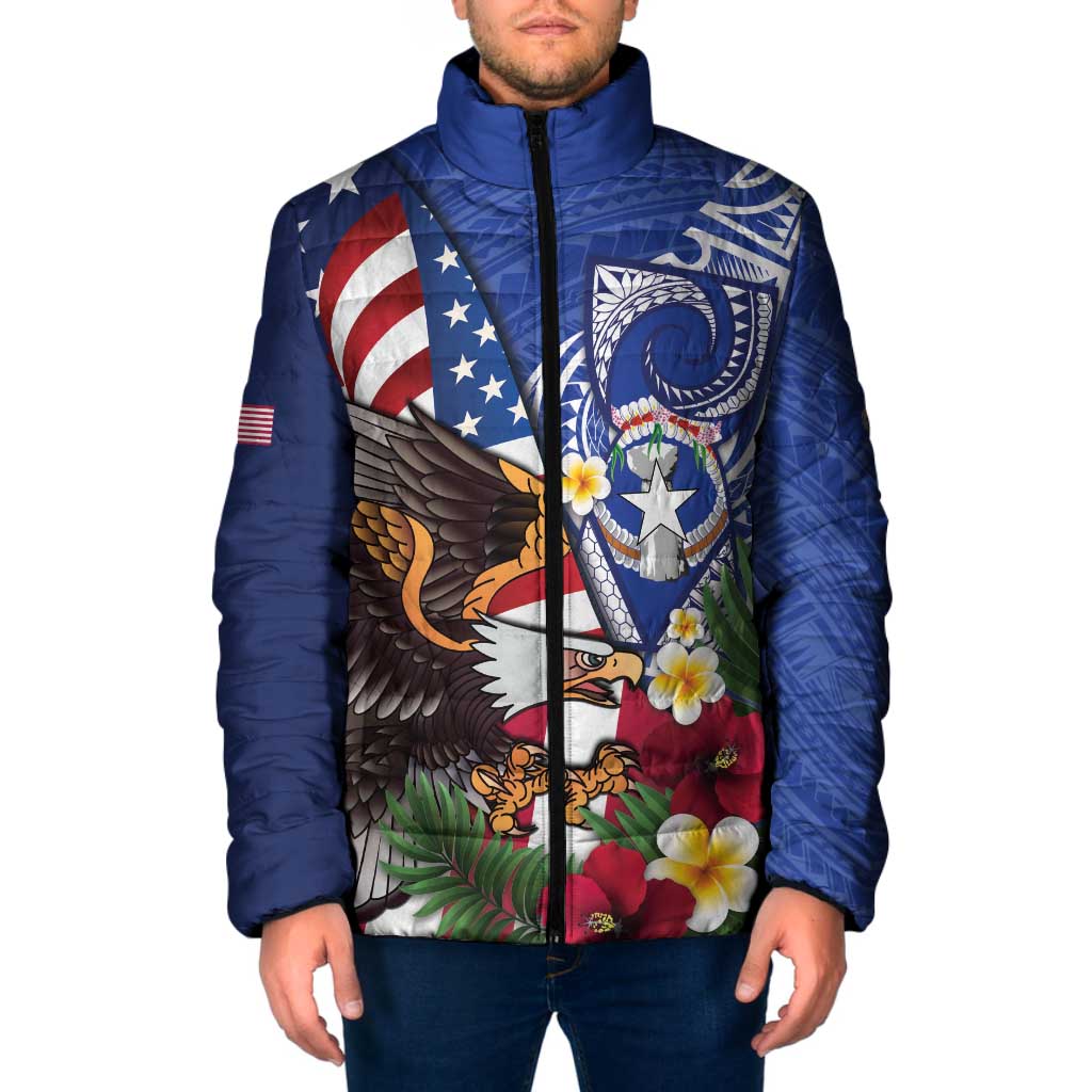 United States and Northern Mariana Islands Padded Jacket USA Flag Eagle CNMI Latte Stone Tropical Flowers