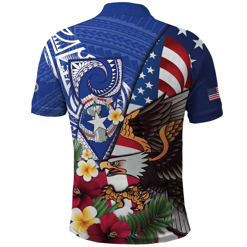 United States and Northern Mariana Islands Polo Shirt USA Flag Eagle CNMI Latte Stone Tropical Flowers LT14 - Polynesian Pride