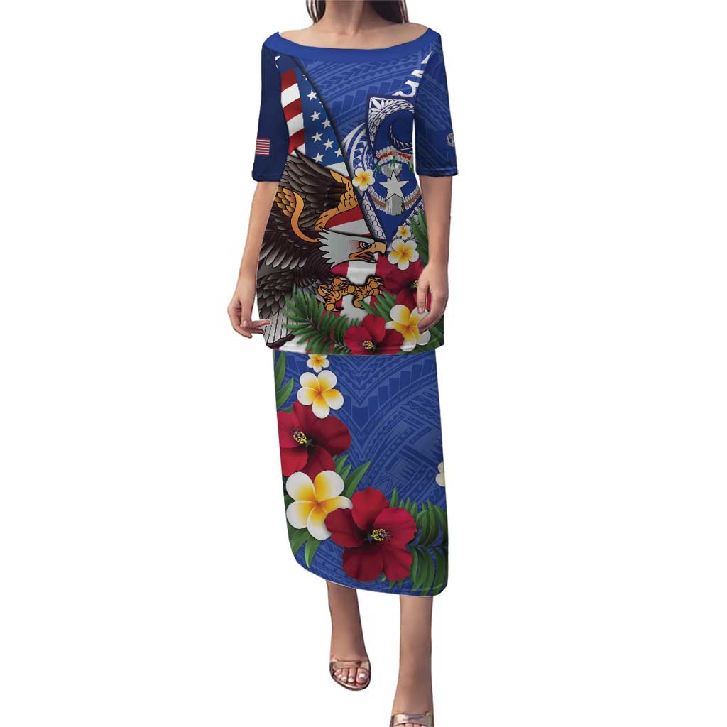 United States and Northern Mariana Islands Puletasi USA Flag Eagle CNMI Latte Stone Tropical Flowers