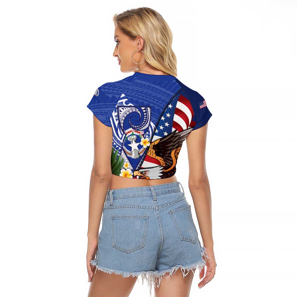 United States and Northern Mariana Islands Raglan Cropped T Shirt USA Flag Eagle CNMI Latte Stone Tropical Flowers LT14 - Polynesian Pride