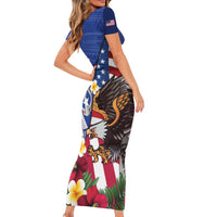 United States and Northern Mariana Islands Short Sleeve Bodycon Dress USA Flag Eagle CNMI Latte Stone Tropical Flowers LT14 - Polynesian Pride