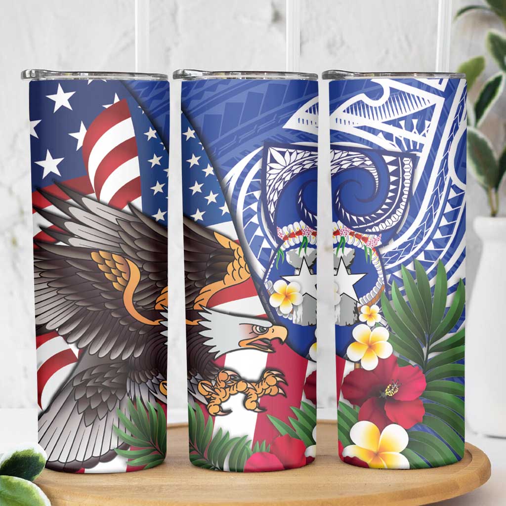 United States and Northern Mariana Islands Skinny Tumbler USA Flag Eagle CNMI Latte Stone Tropical Flowers LT14 - Polynesian Pride