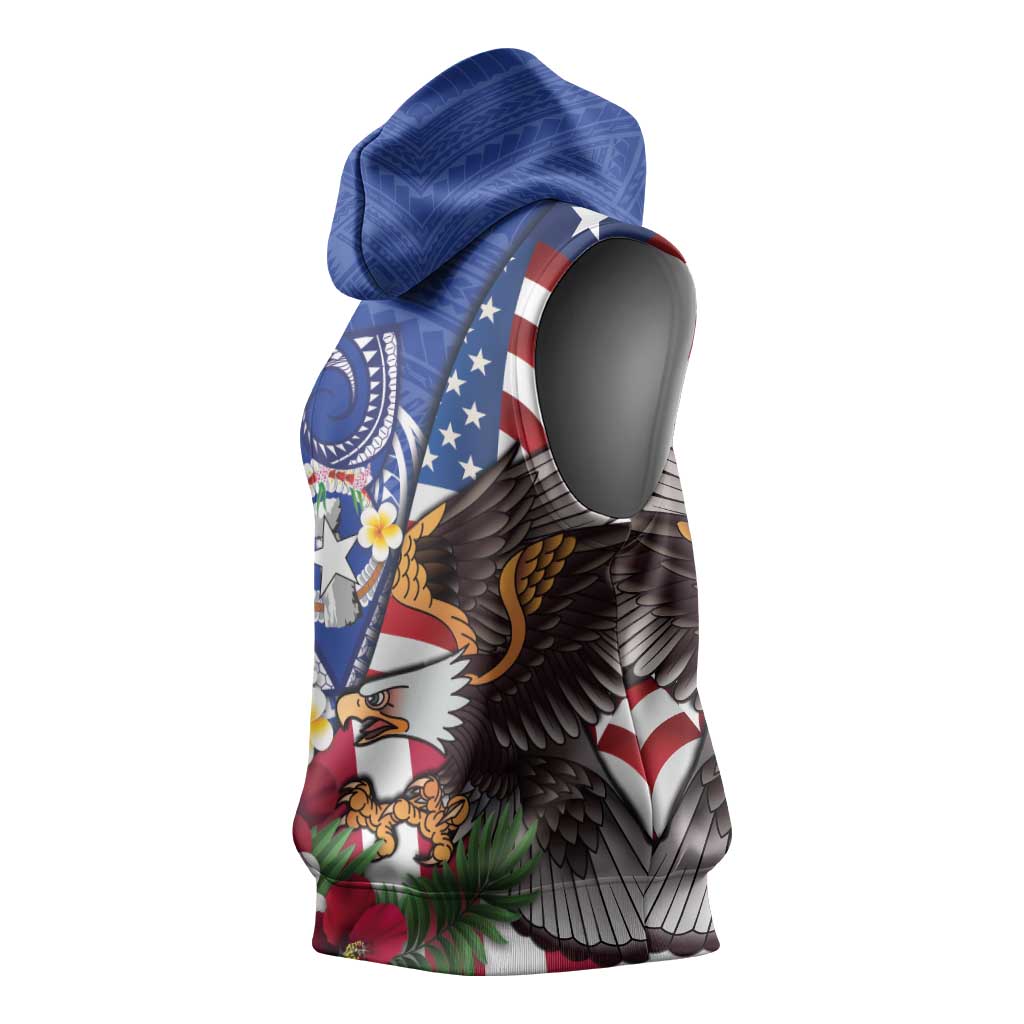 United States and Northern Mariana Islands Sleeveless Hoodie USA Flag Eagle CNMI Latte Stone Tropical Flowers LT14 - Polynesian Pride