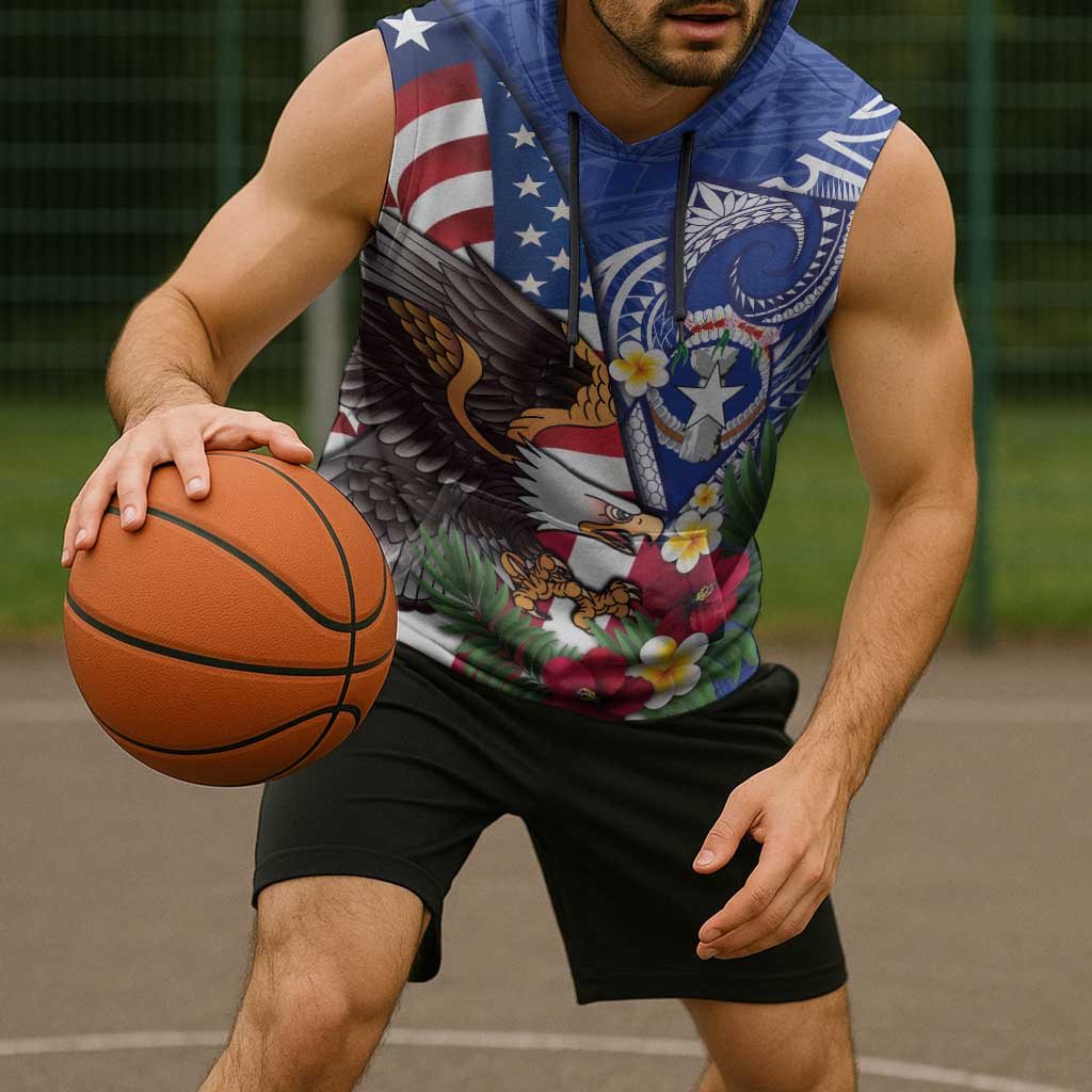 United States and Northern Mariana Islands Sleeveless Hoodie USA Flag Eagle CNMI Latte Stone Tropical Flowers LT14 - Polynesian Pride