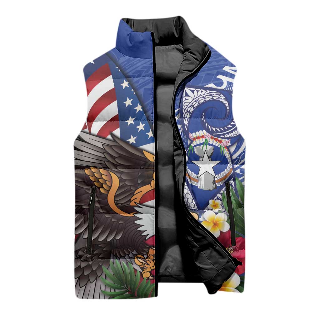 United States and Northern Mariana Islands Sleeveless Puffer Jacket USA Flag Eagle CNMI Latte Stone Tropical Flowers