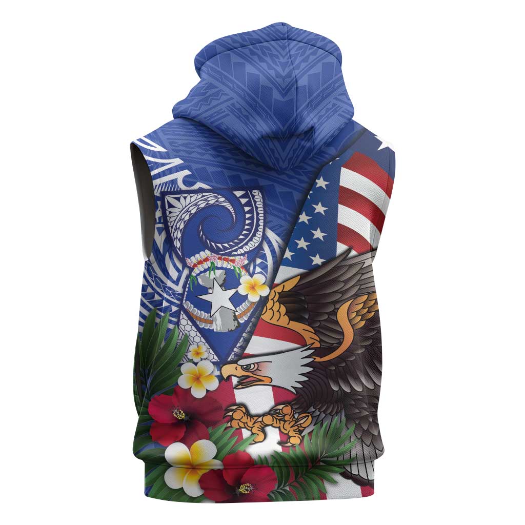 United States and Northern Mariana Islands Sleeveless Zip Hoodie USA Flag Eagle CNMI Latte Stone Tropical Flowers LT14 - Polynesian Pride