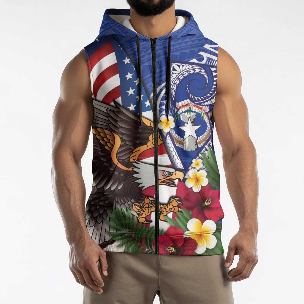United States and Northern Mariana Islands Sleeveless Zip Hoodie USA Flag Eagle CNMI Latte Stone Tropical Flowers LT14 - Polynesian Pride