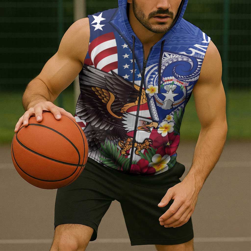 United States and Northern Mariana Islands Sleeveless Zip Hoodie USA Flag Eagle CNMI Latte Stone Tropical Flowers LT14 - Polynesian Pride