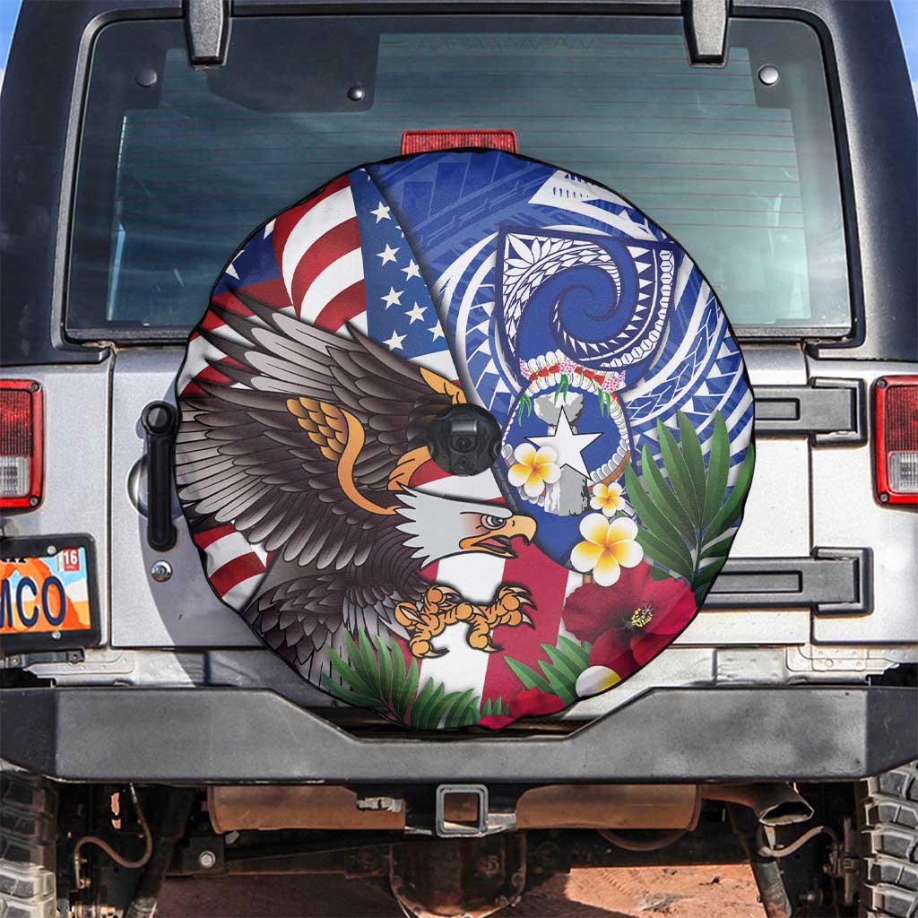 United States and Northern Mariana Islands Spare Tire Cover USA Flag Eagle CNMI Latte Stone Tropical Flowers LT14 Blue - Polynesian Pride
