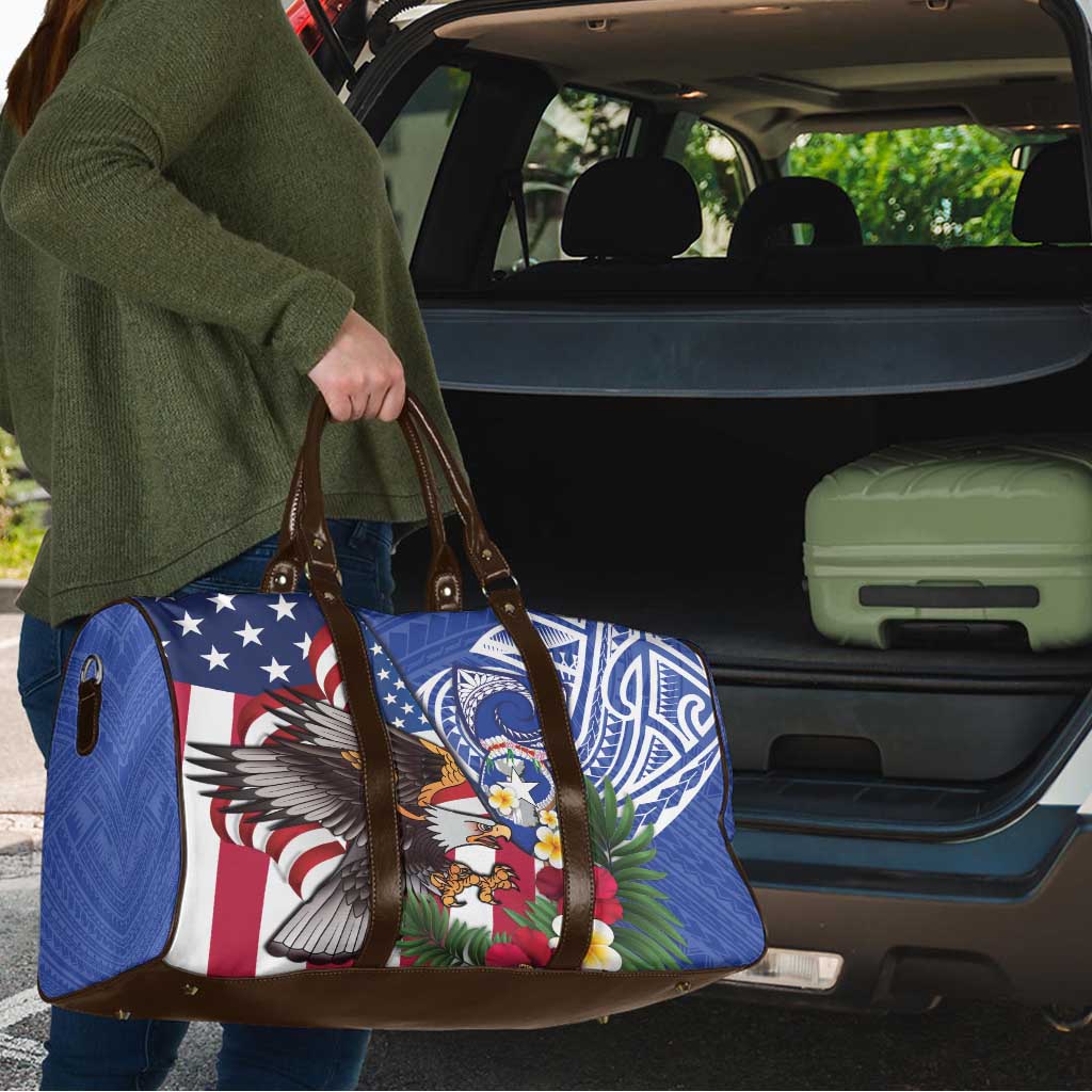 United States and Northern Mariana Islands Travel Bag USA Flag Eagle CNMI Latte Stone Tropical Flowers
