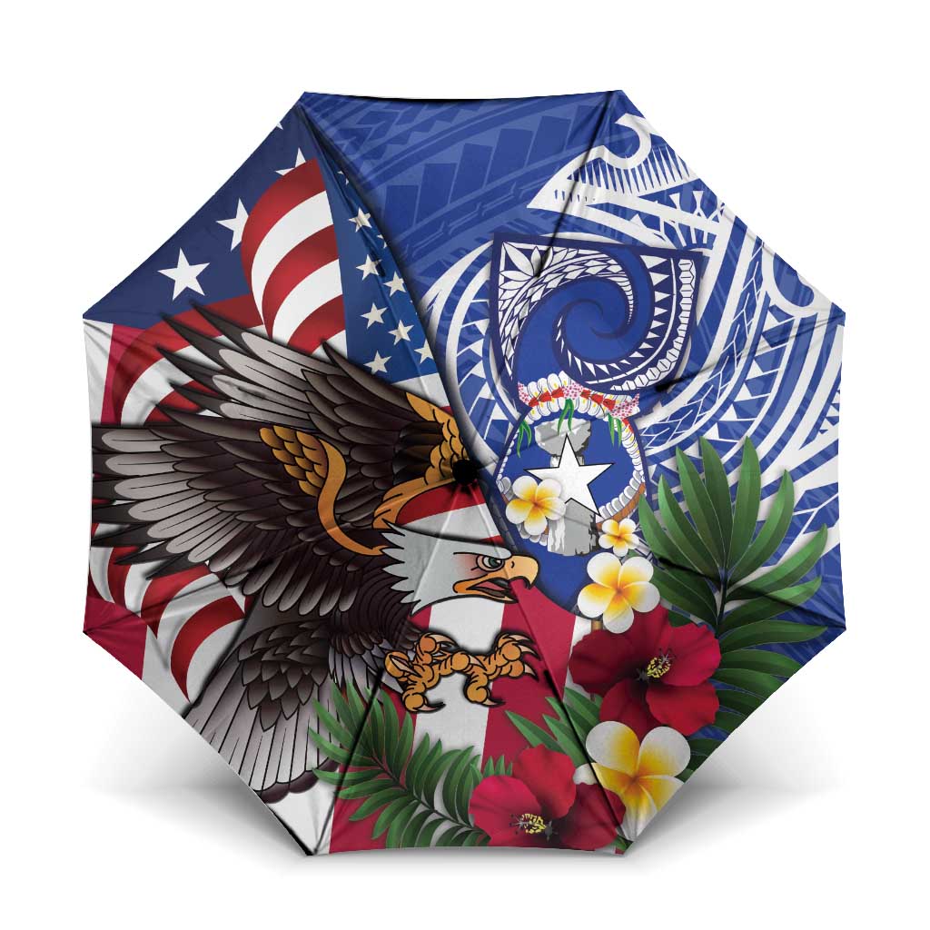 United States and Northern Mariana Islands Umbrella USA Flag Eagle CNMI Latte Stone Tropical Flowers