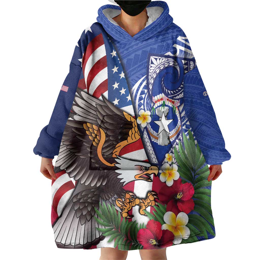 United States and Northern Mariana Islands Wearable Blanket Hoodie USA Flag Eagle CNMI Latte Stone Tropical Flowers LT14 - Polynesian Pride