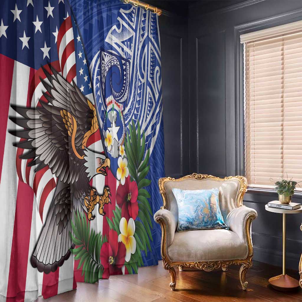 United States and Northern Mariana Islands Window Curtain USA Flag Eagle CNMI Latte Stone Tropical Flowers