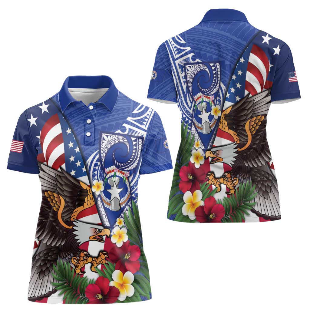 United States and Northern Mariana Islands Women Polo Shirt USA Flag Eagle CNMI Latte Stone Tropical Flowers LT14 - Polynesian Pride