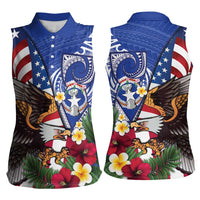 United States and Northern Mariana Islands Women Sleeveless Polo Shirt USA Flag Eagle CNMI Latte Stone Tropical Flowers LT14 - Polynesian Pride