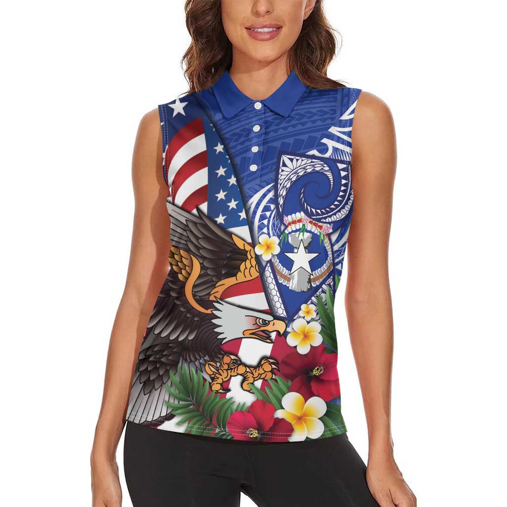 United States and Northern Mariana Islands Women Sleeveless Polo Shirt USA Flag Eagle CNMI Latte Stone Tropical Flowers LT14 - Polynesian Pride