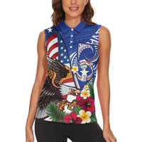 United States and Northern Mariana Islands Women Sleeveless Polo Shirt USA Flag Eagle CNMI Latte Stone Tropical Flowers LT14 - Polynesian Pride