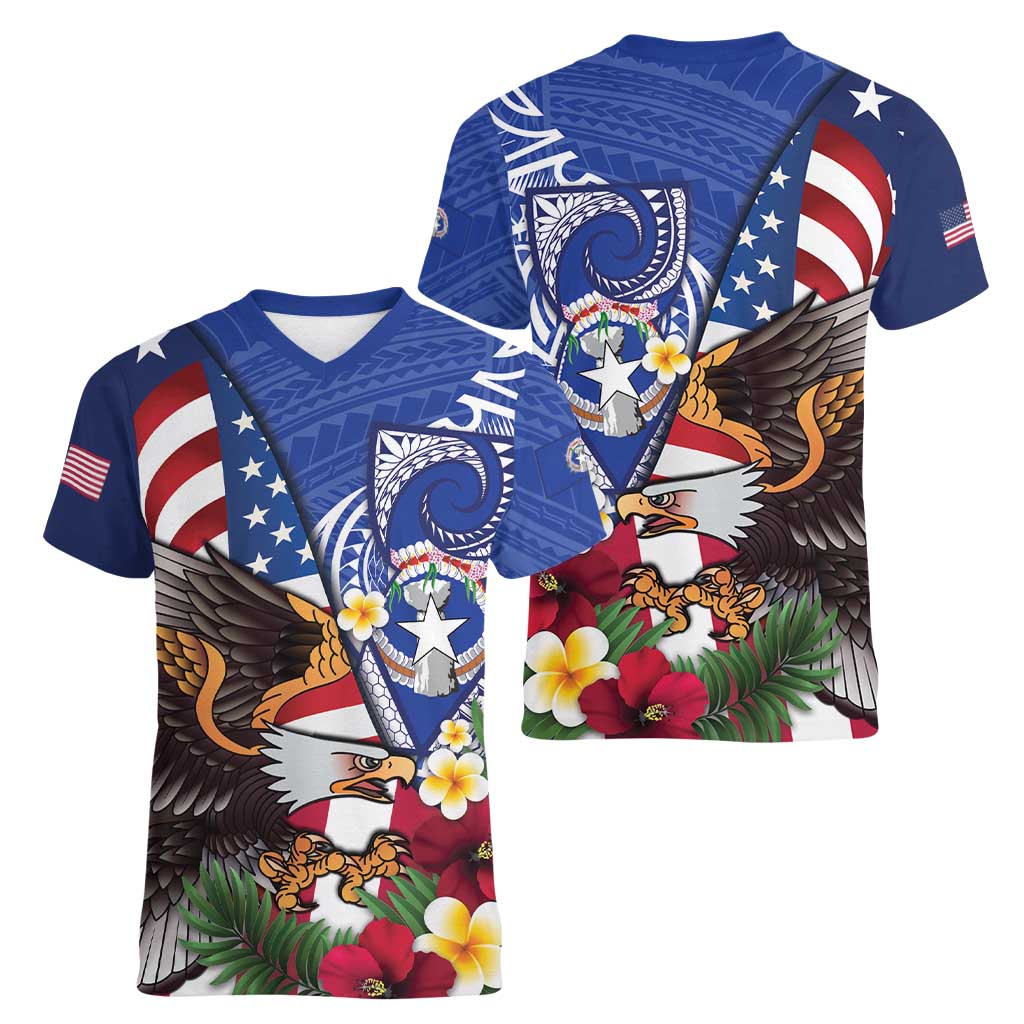United States and Northern Mariana Islands Women V-Neck T-Shirt USA Flag Eagle CNMI Latte Stone Tropical Flowers LT14 - Polynesian Pride