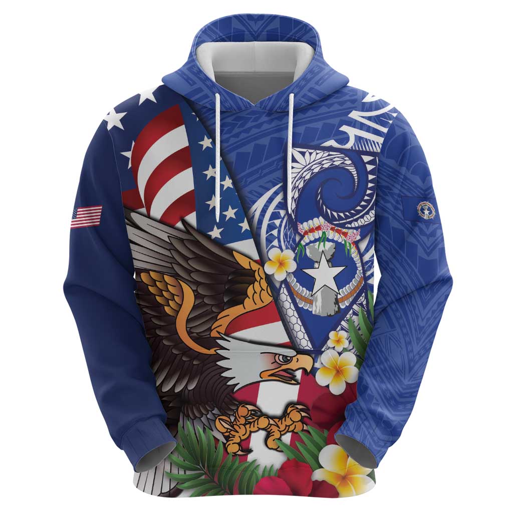 United States and Northern Mariana Islands Zip Hoodie USA Flag Eagle CNMI Latte Stone Tropical Flowers LT14 - Polynesian Pride