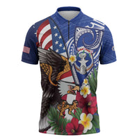 United States and Northern Mariana Islands Zipper Polo Shirt USA Flag Eagle CNMI Latte Stone Tropical Flowers LT14 Blue - Polynesian Pride